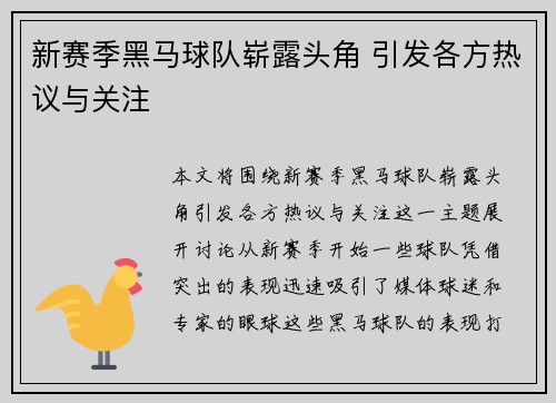 新赛季黑马球队崭露头角 引发各方热议与关注