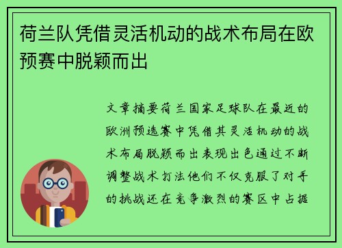 荷兰队凭借灵活机动的战术布局在欧预赛中脱颖而出