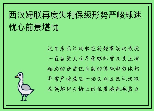 西汉姆联再度失利保级形势严峻球迷忧心前景堪忧