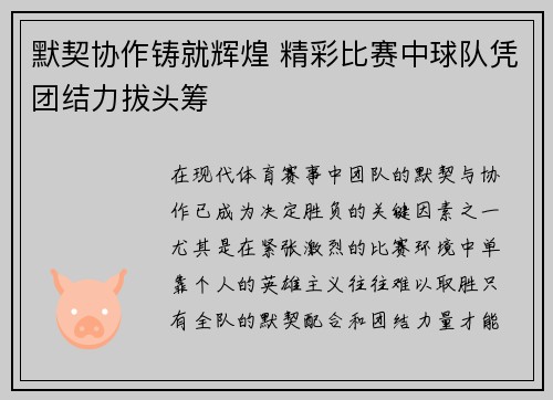 默契协作铸就辉煌 精彩比赛中球队凭团结力拔头筹
